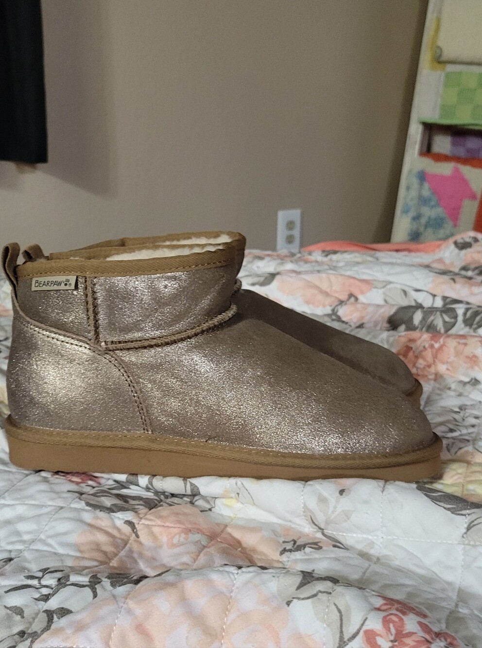 BearPaw Women Metallic Bronze Cozy Slip-On Booties